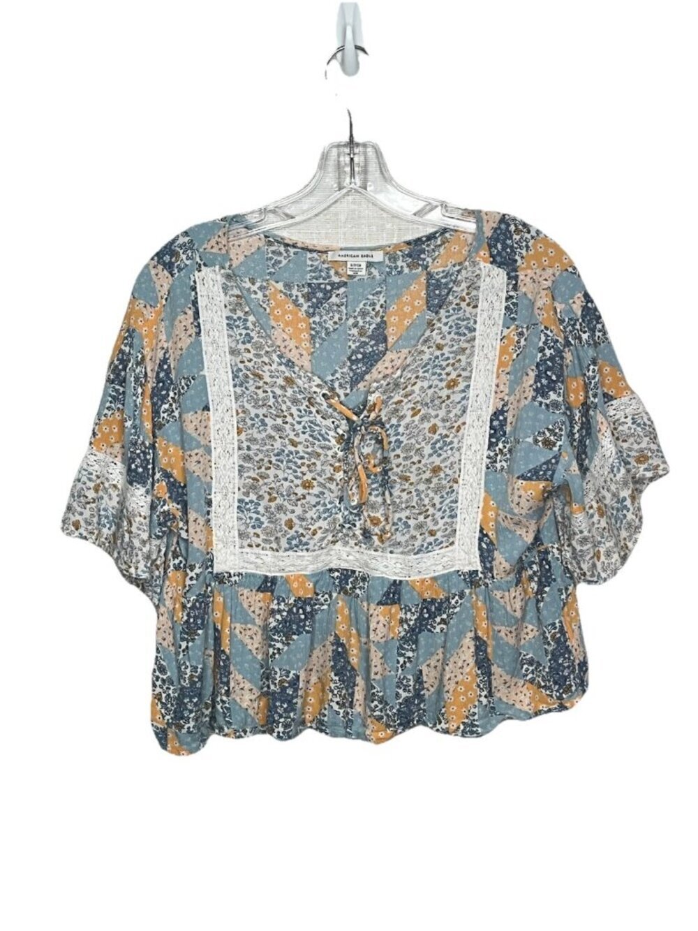 American Eagle Patchwrok Floral Peasant Blouse Boho Lace Tie Front Sz Small